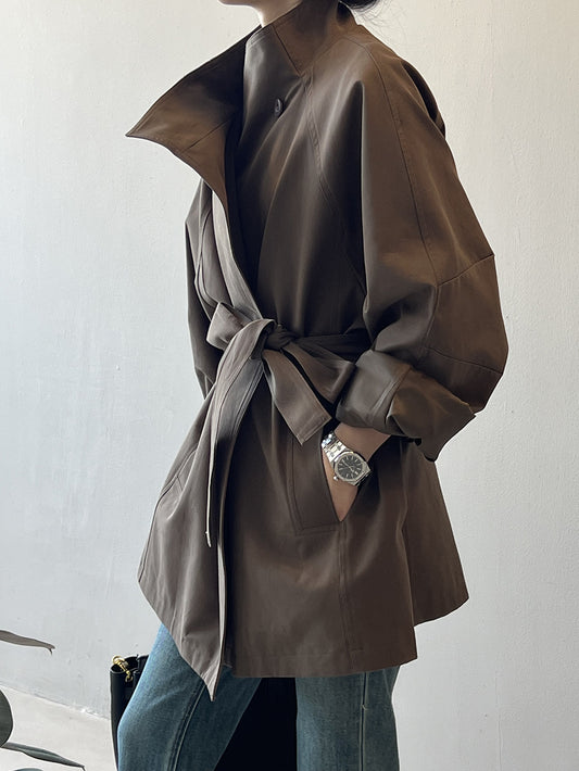 Retro Elegant Mid Length Trench Coat Women Spring Loose Waist Stand Collar Top - Iyanka