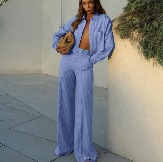 Women Clothing Striped Collared Long Sleeve Short Shirt Loose Wide Leg Pants Two Piece Set - Iyanka