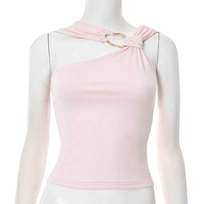 Women’s Summer Slim Fit Decorative Sloping Shoulder Backless Vest