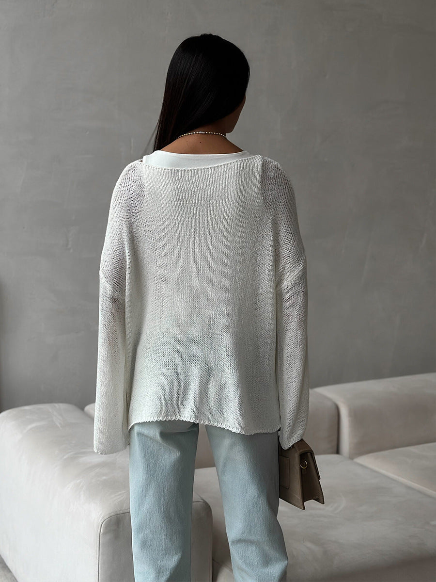 Simple Solid Color Long Sleeved Sweater Spring Knitted Hollow Out Cutout Top Casual Sweater - Iyanka