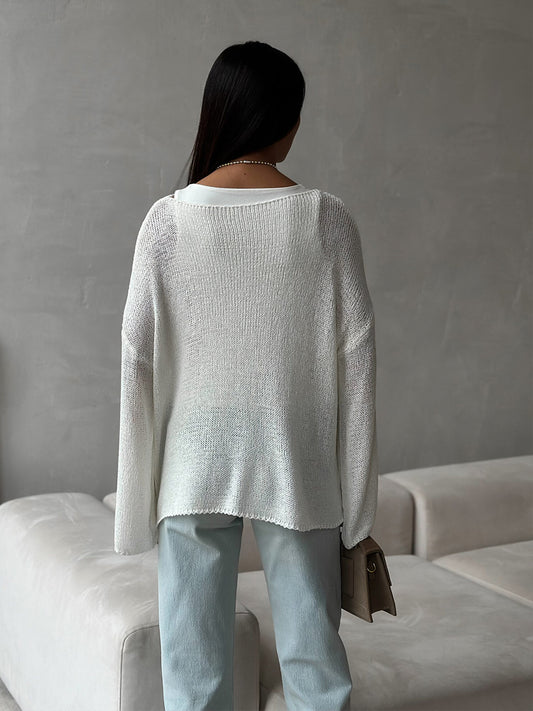 Simple Solid Color Long Sleeved Sweater Spring Knitted Hollow Out Cutout Top Casual Sweater - Iyanka