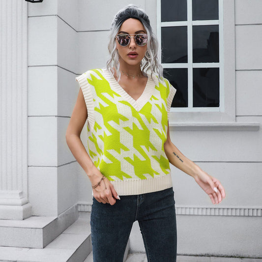 Houndstooth V-neck Vest Sweater Women Vest Outer Wear Inner Wear Autumn Winter Knitwear Sweater Boucle - Iyanka