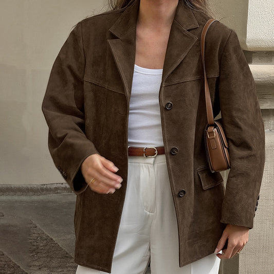 Brown Brushed Velvet Retro Lapels Loose Suede Coat Autumn Winter Maillard Blazers Women - Iyanka