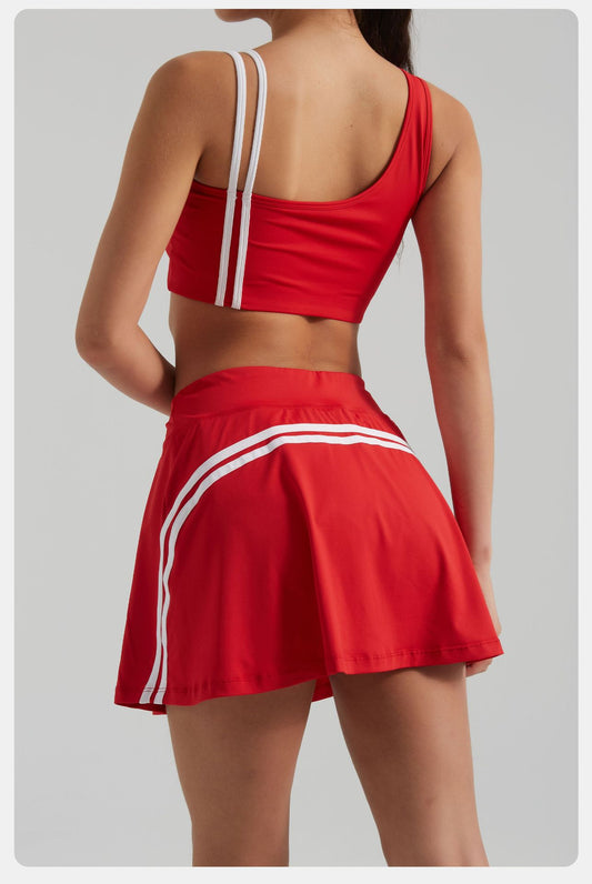 Contrasting Color Thread Yoga Clothes Sports Women Removable Bra Faux Two Piece Anti Exposure Half-Body Tennis Skirt Two Piece Sets - Iyanka