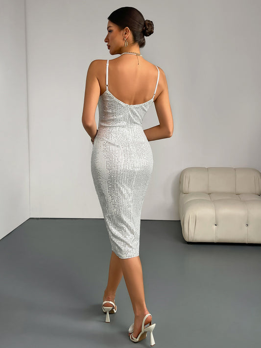 Sexy Suspenders V neck Solid Color Sequin Sheath Mid Length Cocktail Evening Dress - Iyanka
