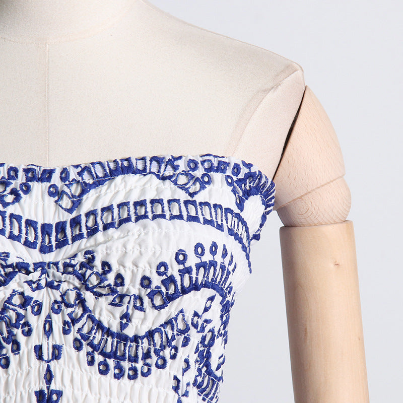 Spring Sexy Sexy Elastic Waist Tube Top Embroidered Ruffled Short Dress for Women