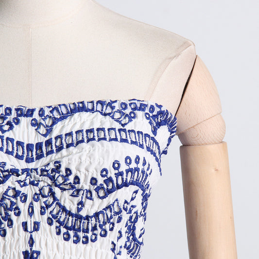 Spring Sexy Sexy Elastic Waist Tube Top Embroidered Ruffled Short Dress for Women