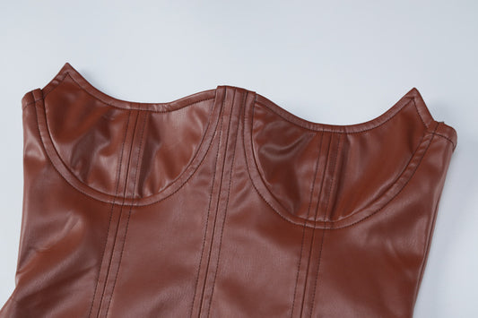 Women Clothing Faux Leather Personality Off Neck Low Cut Sexy Tight Sleeveless Backless Dress - Iyanka