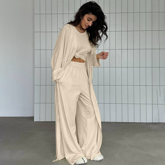 Summer Pajamas Three Piece Knitted Solid Color Top Trousers Loose Comfortable Home Wear - Iyanka