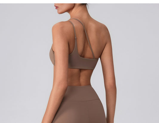 Summer Training Workout Clothes Outer Wear Beauty Back Hollow Out Cutout Vest Oblique Shoulder Yoga Bra Top Nude Feel Sports Underwear for Women - Iyanka