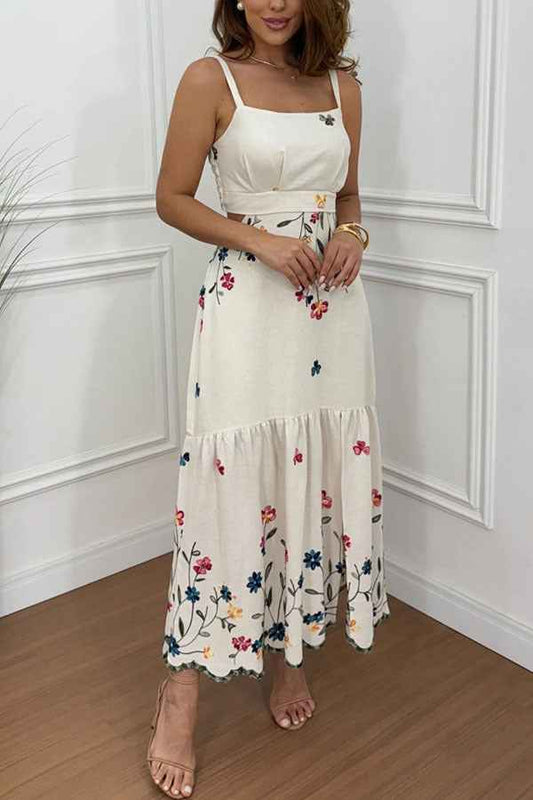 Spring Summer Suspender Positioning Floral Print Slit Dress Loose Vacation Dress