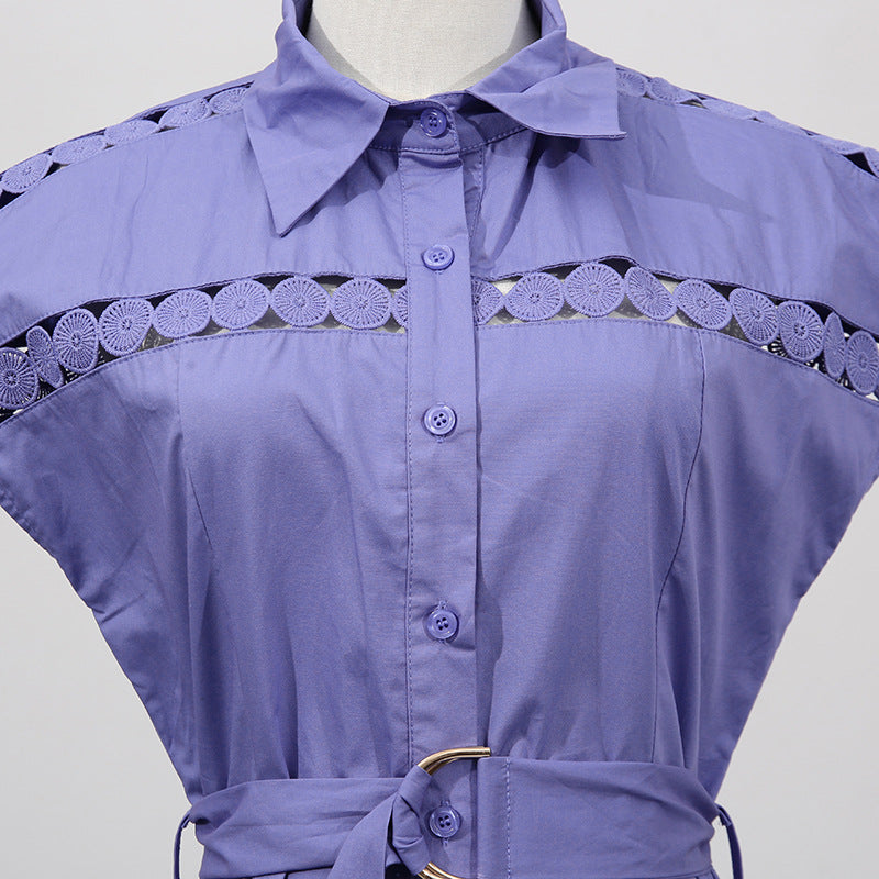 Solid Color Dress Summer Polo Collar Hollow Out Cutout out Belt Waist Trimming Short Sleeved Large Swing Dress Women