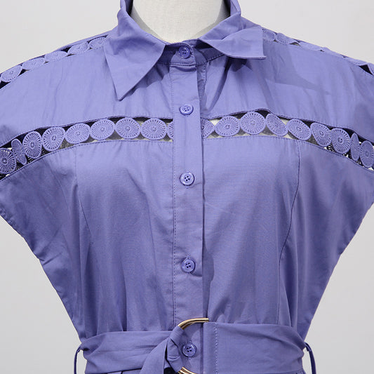 Solid Color Dress Summer Polo Collar Hollow Out Cutout out Belt Waist Trimming Short Sleeved Large Swing Dress Women