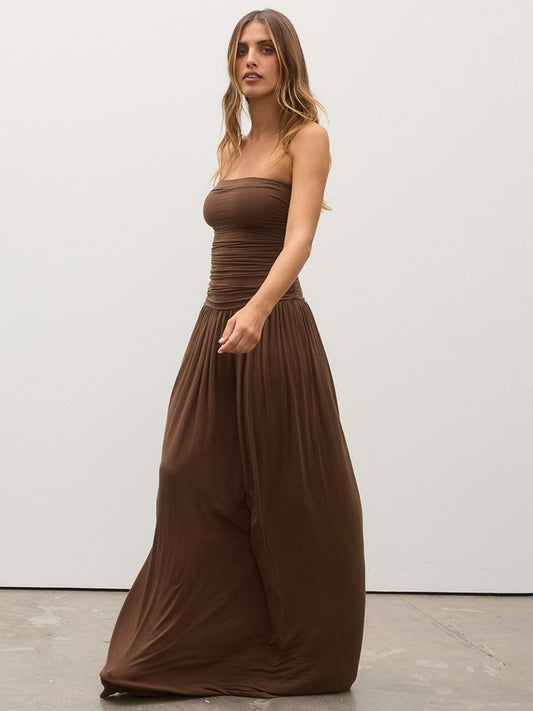Women Clothing Solid Color Sleeveless Backless Slim Fit Pleated Tube Top Maxi Dress