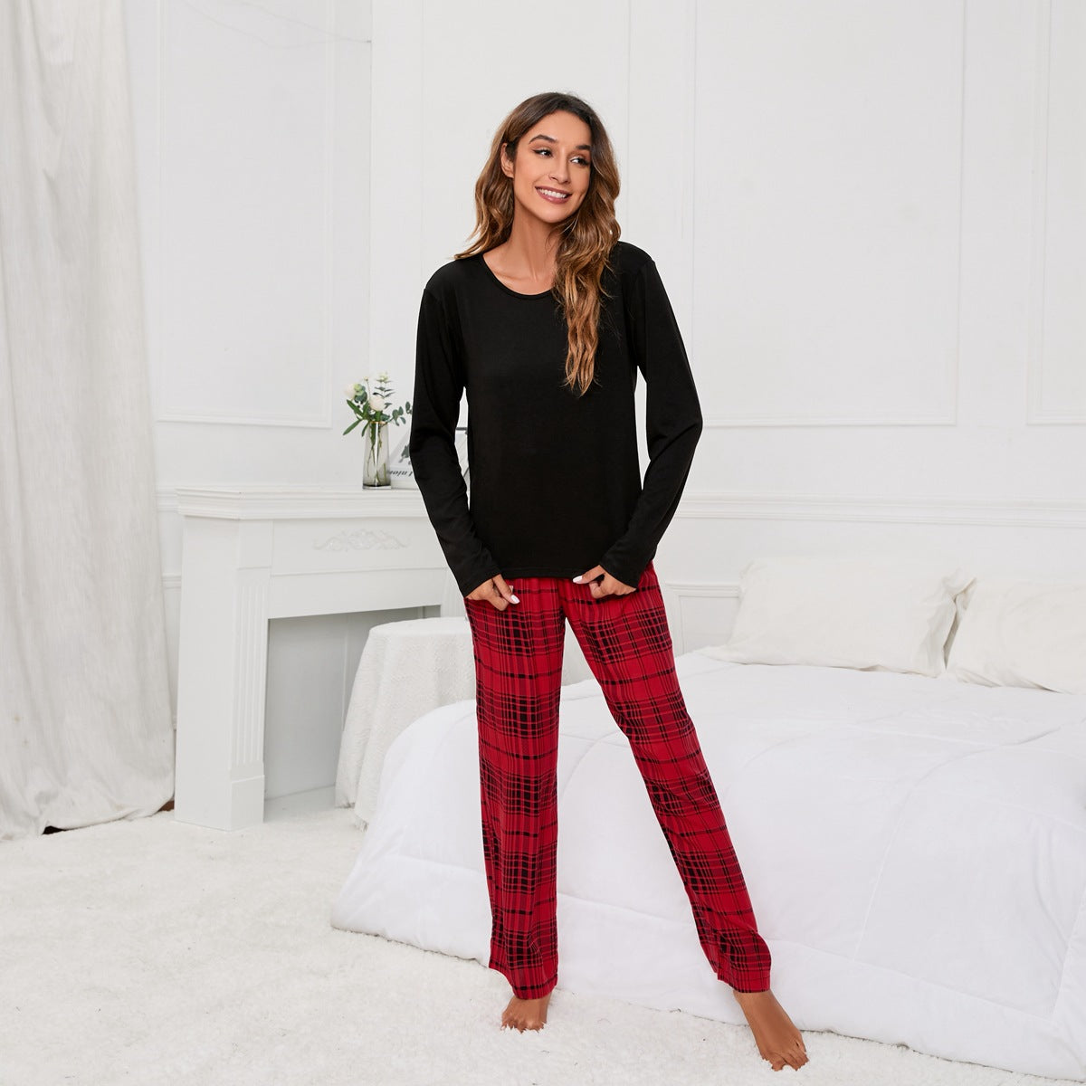 Solid Color round Neck T Printed Checks Women Casual Suit Homewear Pajamas Women - Iyanka