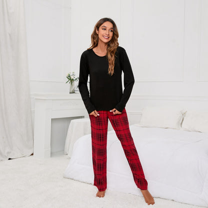 Solid Color round Neck T Printed Checks Women Casual Suit Homewear Pajamas Women - Iyanka