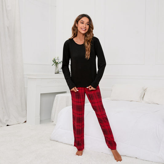Solid Color round Neck T Printed Checks Women Casual Suit Homewear Pajamas Women - Iyanka