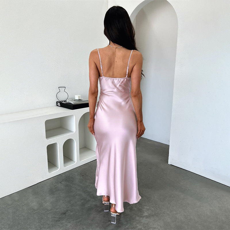Satin Dress Suspender Pleated Split Sexy Slim Hip Dress - Iyanka
