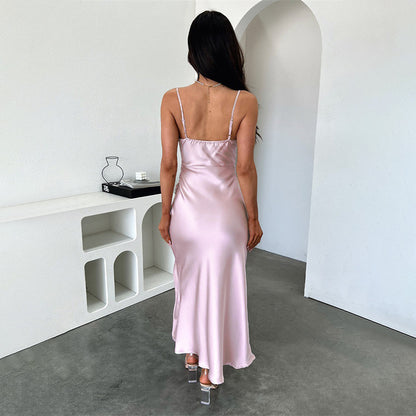 Satin Dress Suspender Pleated Split Sexy Slim Hip Dress - Iyanka