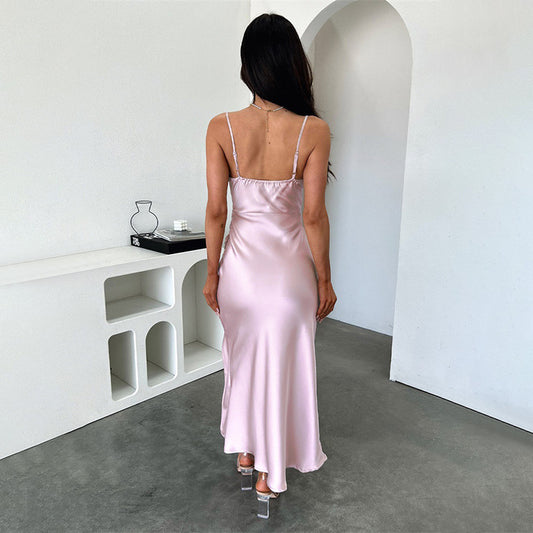 Satin Dress Suspender Pleated Split Sexy Slim Hip Dress - Iyanka