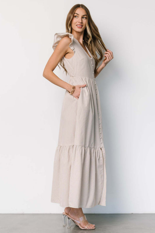 Women Clothing Striped Print Holiday Maxi Dress Bohemian V neck Shirt Dress