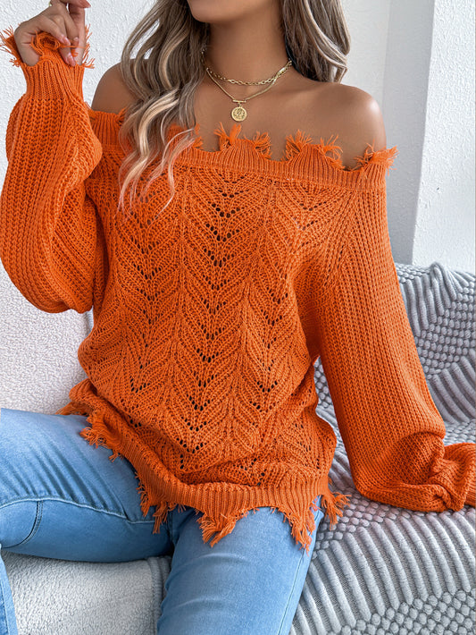 Autumn Winter Solid Color Hollow Out Cutout out Long Sleeve Cut off Shoulder Pullover Sweater Women Clothing - Iyanka