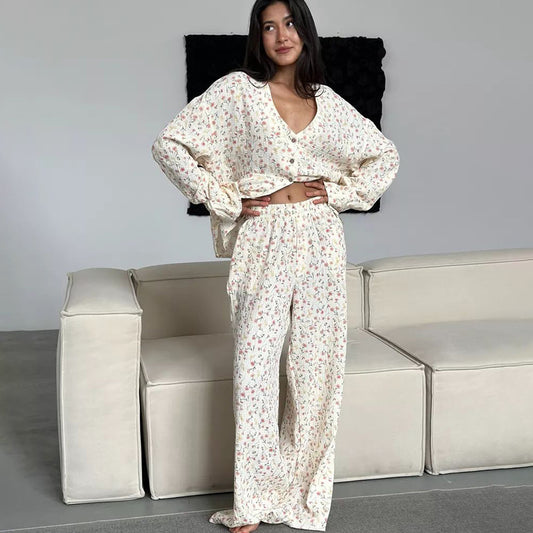 Loose Comfortable Homewear Spring Pure Cotton Printed Long Sleeved Trousers Comfortable Pajamas Women - Iyanka