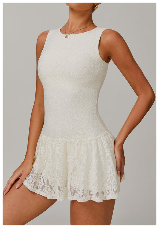 Lace Nude Feel Dress Stitching Mesh Breathable Zipper Sports Running Anti Exposure Dress - Iyanka