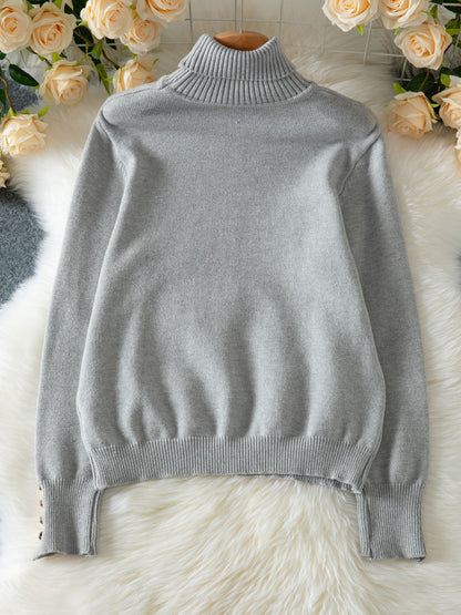 Women Elegant Fall Winter Lapels Knitwear Solid Color Buttons Pullover Sweater Top - Iyanka