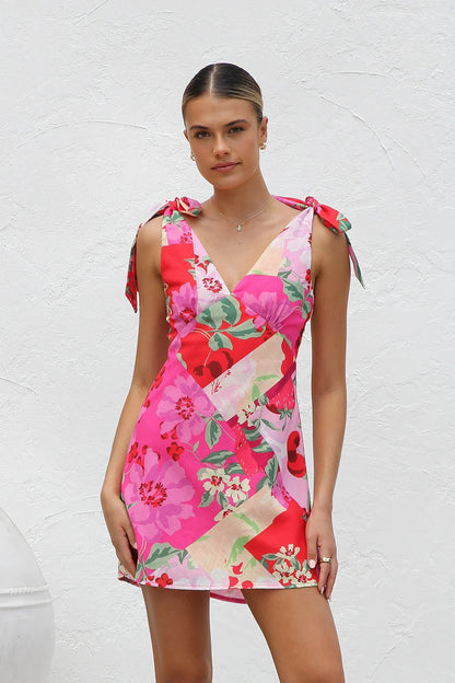 Summer Dress Printed V neck Lace up Mini Sling Dress