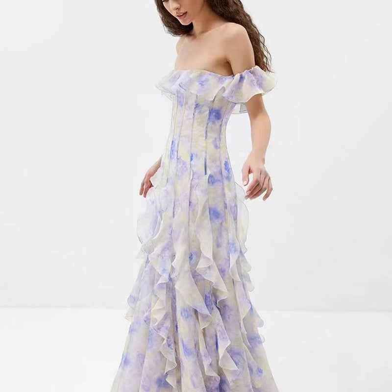 Fairy Floral God Tube Top Printed Ruffled Dress Summer Formal Wear with Waist Control and Large Hem for Women