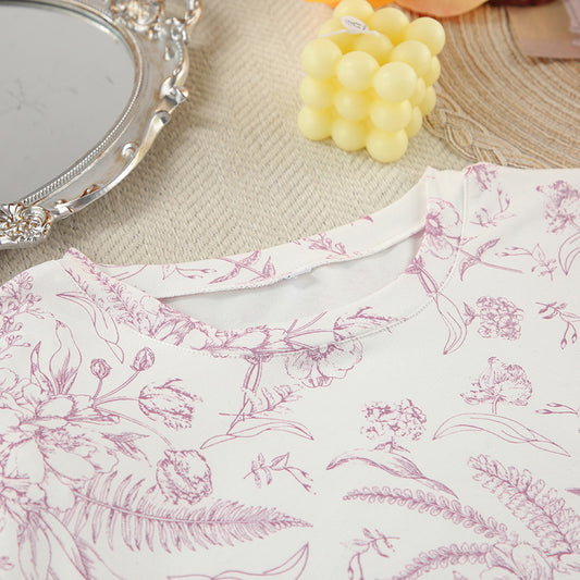Autumn Casual Home Wear round Neck Short Sleeve Ruffled Shorts Two Piece Knitted Printed Pajamas for Women - Iyanka
