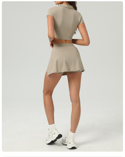 Summer Tennis Skirt Ice Feeling Sun Protection Sports Short Sleeve Top Loose Running Anti Emptied Pantskirt Two Piece Sets - Iyanka