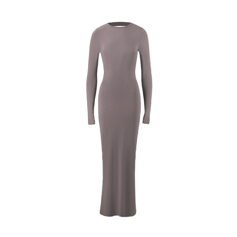 Round Neck Slim Fit Long Sleeved Sexy Backless Sheath Dress Women Clothing