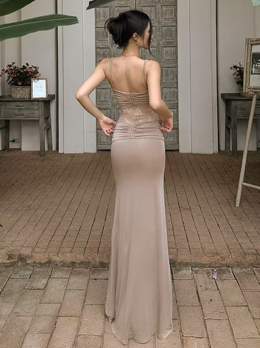 Women Clothing Sleeveless Backless Pleated Twist Slim Lace Stitching Maxi Dress