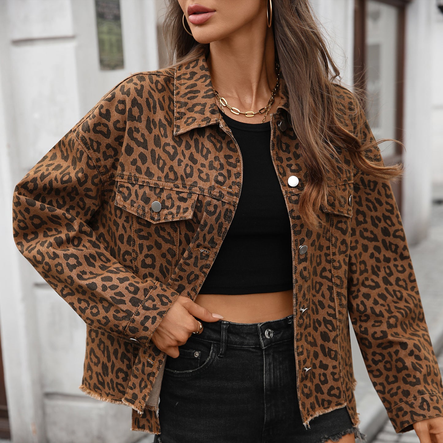 Women Clothing Loose Street Personality Leopard Print Denim Short Coat - Iyanka