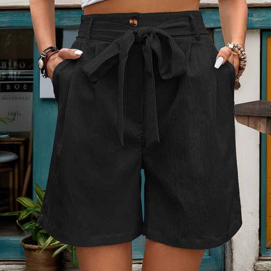 Women Clothes Casual Pants Women Tied Elastic Waist Solid Color Fifth Pants Office Wide Leg Shorts