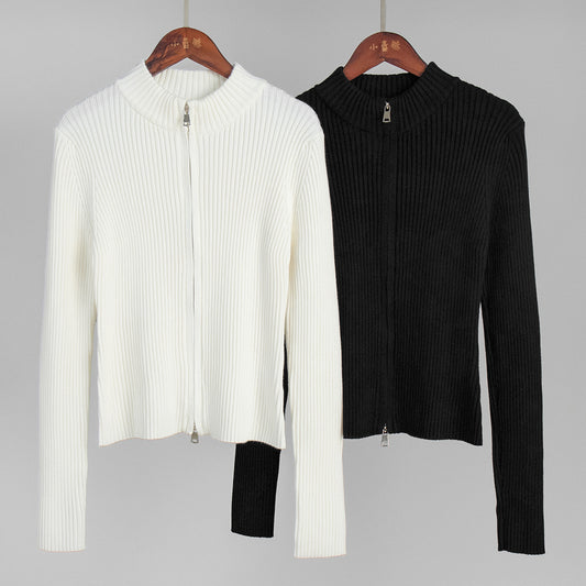 Stand up Collar Slim Fit Long Sleeved Coat Autumn Winter Double Zipper Cardigan Thermal Knitting Coat for Women - Iyanka