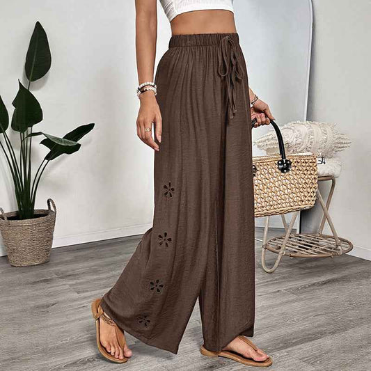 Casual Simple Lace up Embroidery Solid Color Loose Wide Leg Pants Thin Women