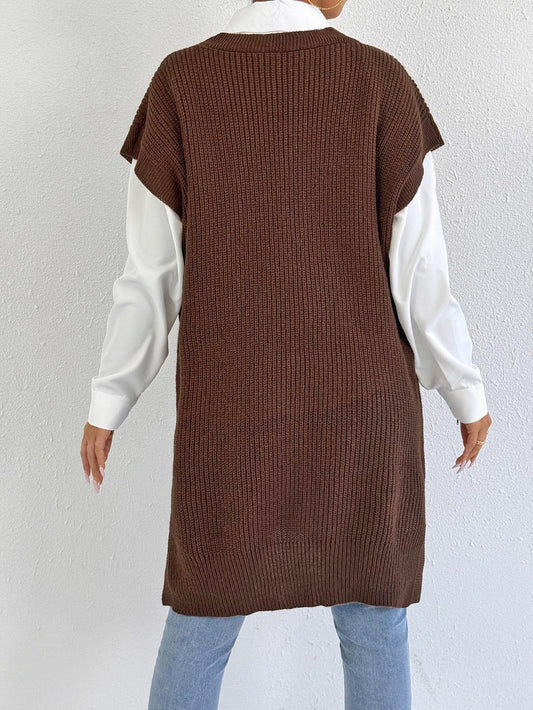 Women Outerwear Vest Women Mid Length Vest Deep V Plunge Loose Casual Sweater Vest Dress(Excluding Belt) - Iyanka