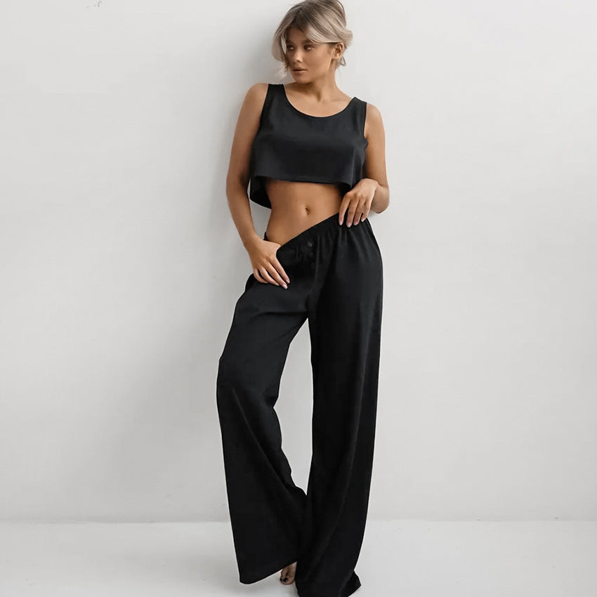 Spring Summer Home Wear Sleeveless Vest Pants Two Piece Set Knitted Emerized Pajamas for Women - Iyanka