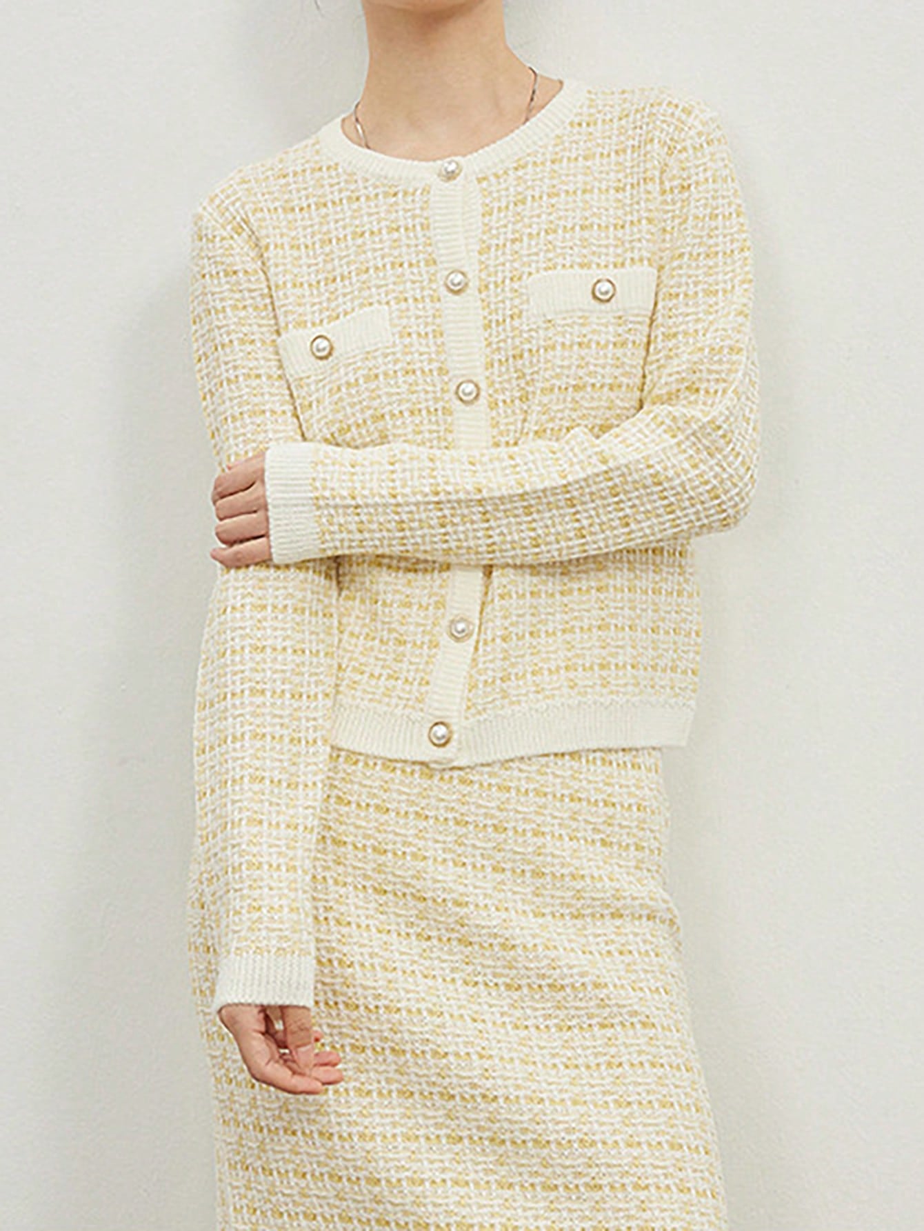Western Classy Women round Neck Long Sleeve Stitching Plaid Knitted Sweater Top Hip Knitwear Skirt Outfit - Iyanka