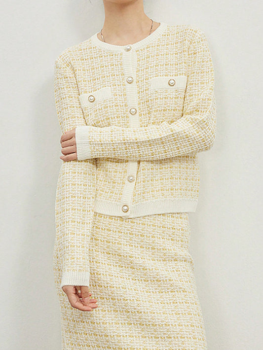 Western Classy Women round Neck Long Sleeve Stitching Plaid Knitted Sweater Top Hip Knitwear Skirt Outfit - Iyanka