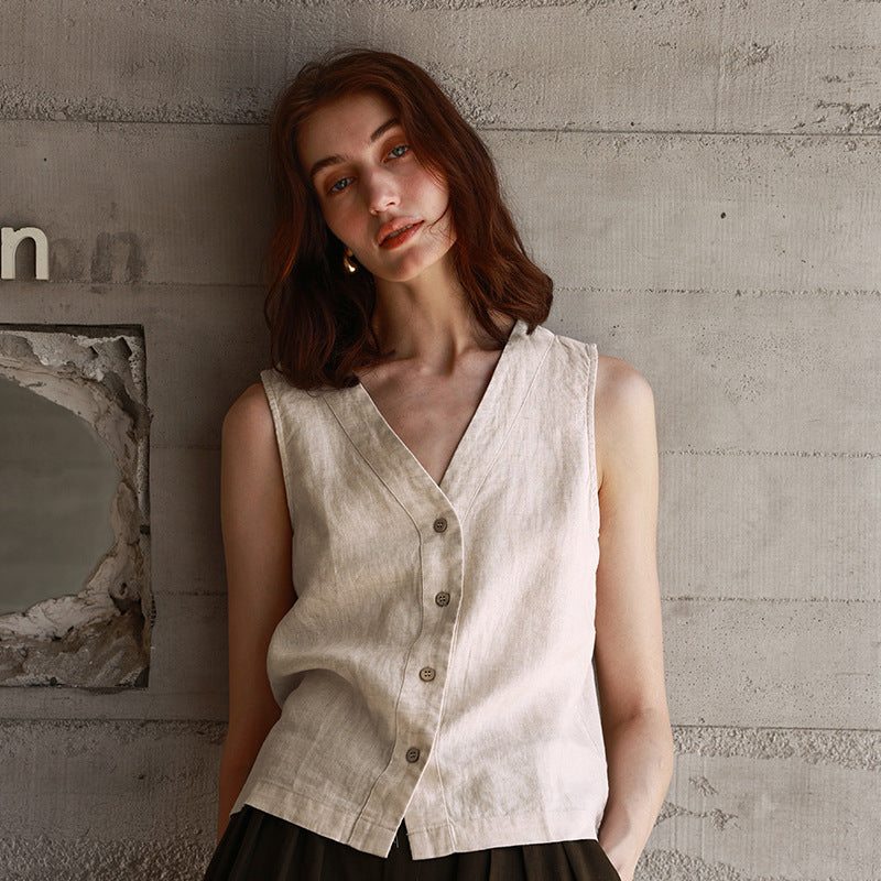 Summer All Linen Women Vests Special Interest Design V neck Sleeveless Top Solid Color Vest - Iyanka