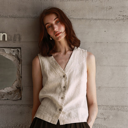 Summer All Linen Women Vests Special Interest Design V neck Sleeveless Top Solid Color Vest - Iyanka