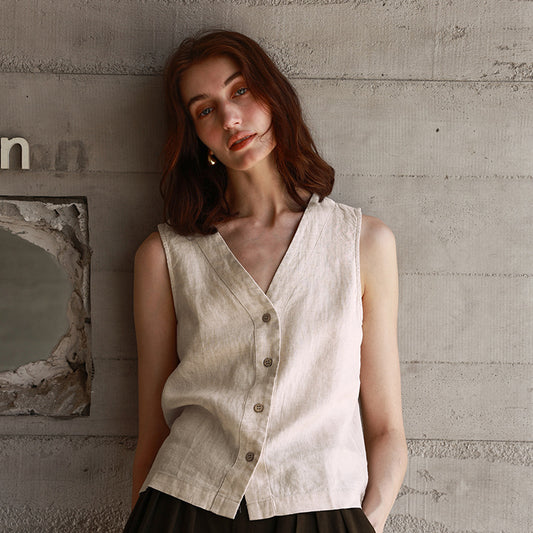 Summer All Linen Women Vests Special Interest Design V neck Sleeveless Top Solid Color Vest - Iyanka