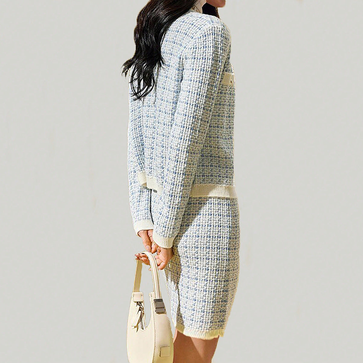 Western Classy Women round Neck Long Sleeve Stitching Plaid Knitted Sweater Top Hip Knitwear Skirt Outfit - Iyanka