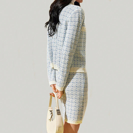 Western Classy Women round Neck Long Sleeve Stitching Plaid Knitted Sweater Top Hip Knitwear Skirt Outfit - Iyanka