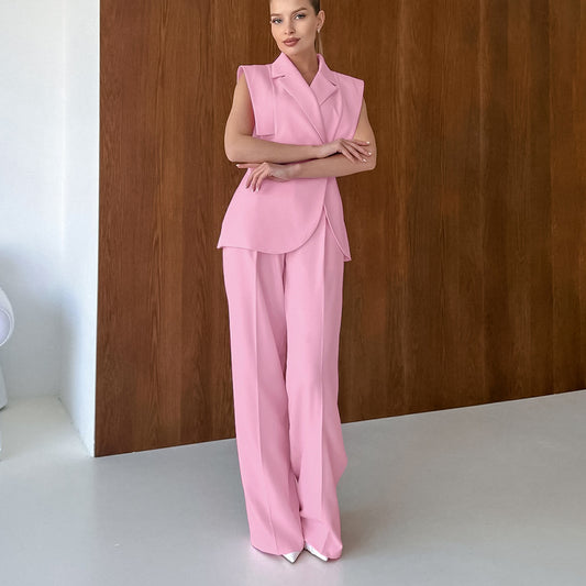 Pink Gentle Sleeveless Collar Loose Fitting Waistcoat High Waist Pocket Wide Leg Pants Summer Casual Set Women - Iyanka