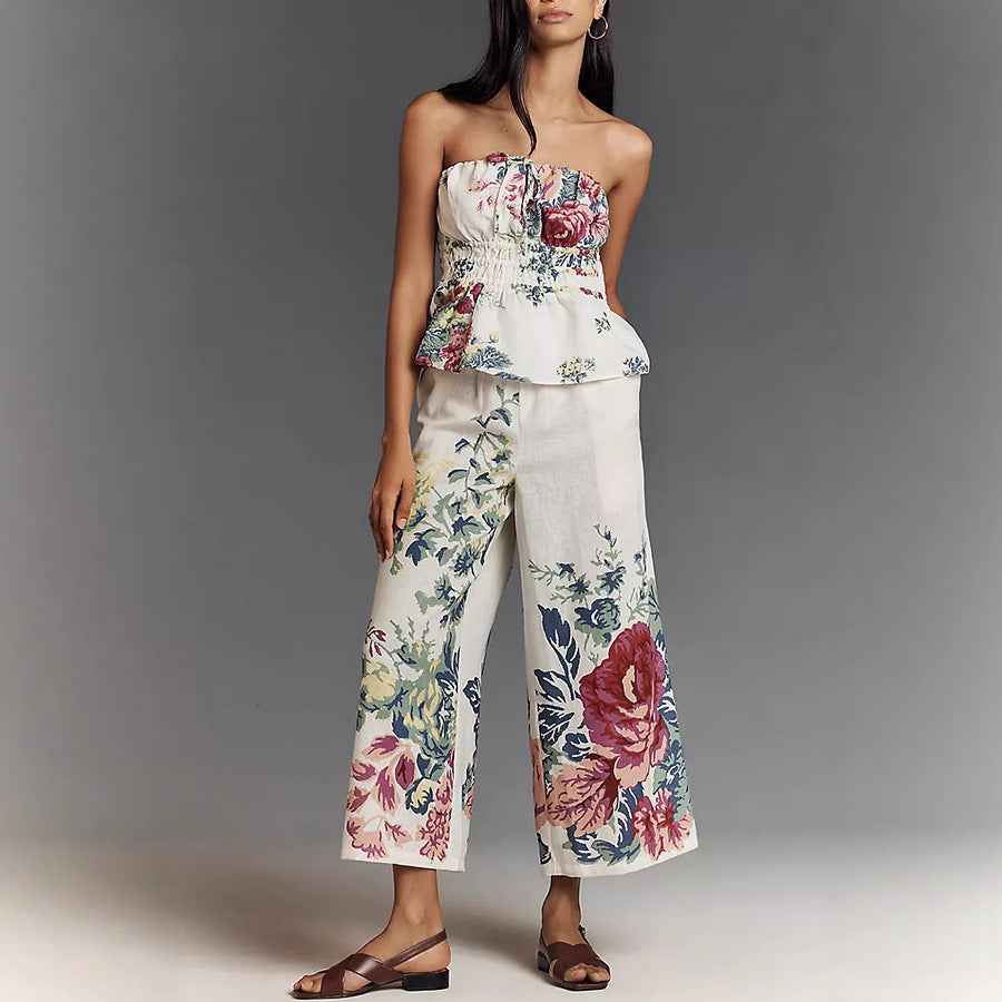 Spring Summer Positioning Printing Corset Sleeveless Casual Vacation Two Piece Set for Women
